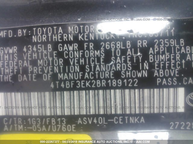 4T4BF3EK2BR189122 - 2011 TOYOTA CAMRY SE/LE/XLE ნაცრისფერი ფოტო 9