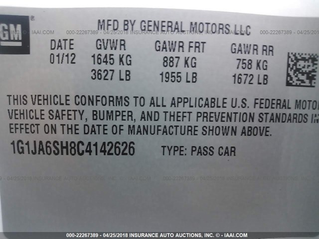 1G1JA6SH8C4142626 - 2012 CHEVROLET SONIC LS WHITE photo 9