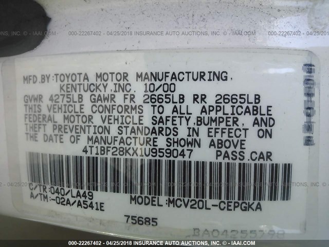 4T1BF28KX1U959047 - 2001 TOYOTA CAMRY LE/XLE WHITE photo 9