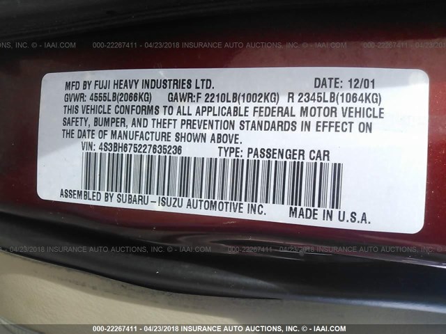 4S3BH675227635236 - 2002 SUBARU LEGACY OUTBACK AWP 红色 照片 9