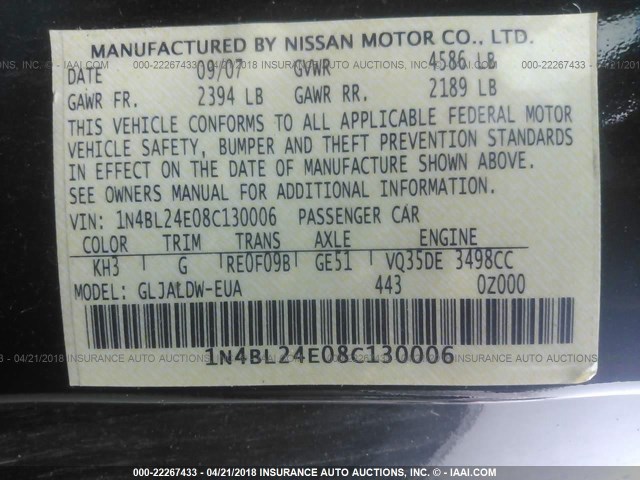 1N4BL24E08C130006 - 2008 NISSAN ALTIMA 3.5SE BLACK photo 9