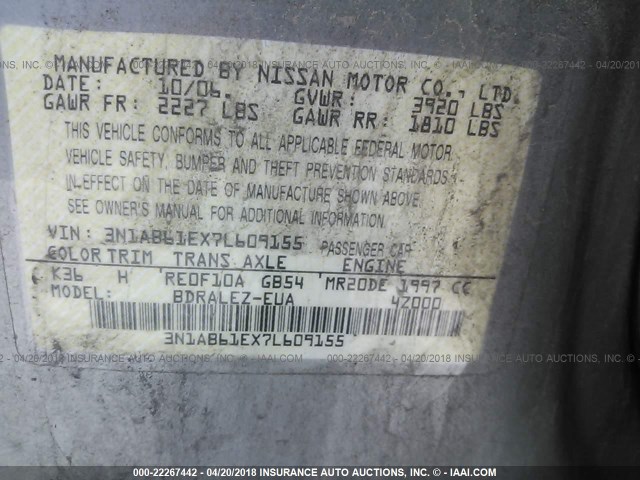 3N1AB61EX7L609155 - 2007 NISSAN SENTRA 2.0/2.0S/2.0SL GRAY photo 9