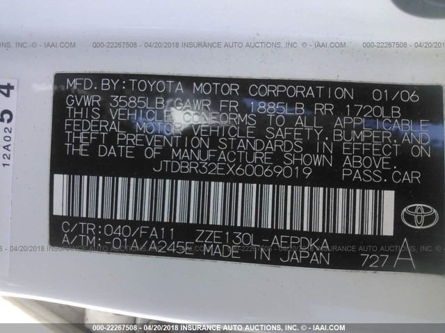 JTDBR32EX60069019 - 2006 TOYOTA COROLLA CE/LE WHITE photo 9