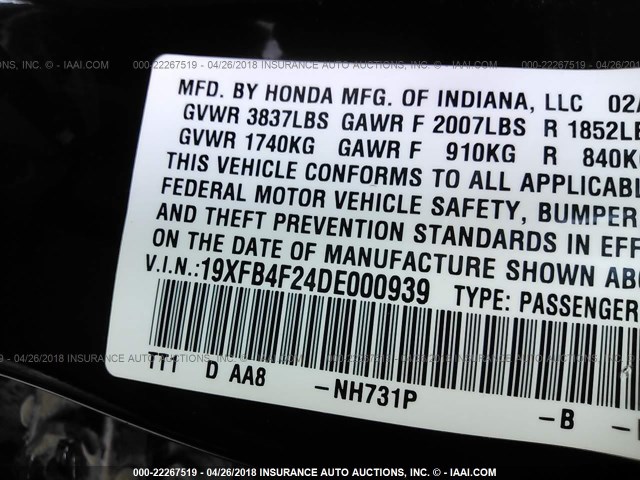 19XFB4F24DE000939 - 2013 HONDA CIVIC HYBRID BLACK photo 9