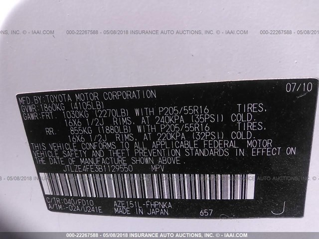 JTLZE4FE3B1129550 - 2011 TOYOTA SCION XB WHITE photo 9