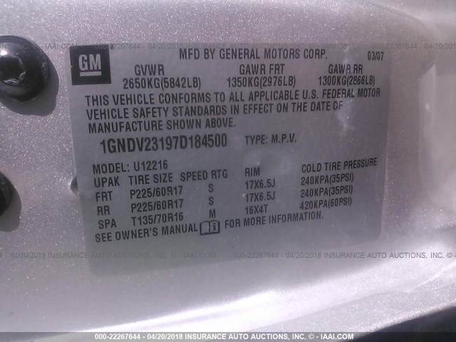 1GNDV23197D184500 - 2007 CHEVROLET UPLANDER LS SILVER photo 9