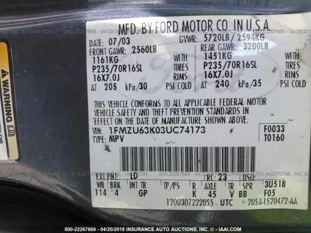 1FMZU63K03UC74173 - 2003 FORD EXPLORER XLT/XLT SPORT/NBX BLACK photo 9