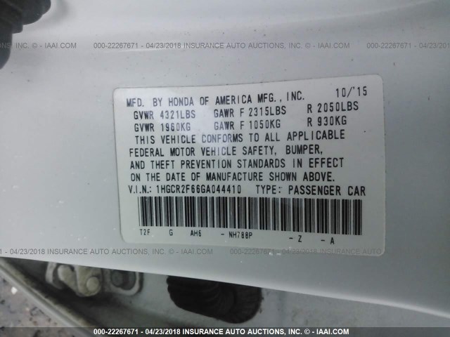 1HGCR2F66GA044410 - 2016 HONDA ACCORD SPORT თეთრი ფოტო 9