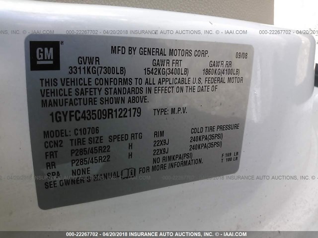 1GYFC43509R122179 - 2009 CADILLAC ESCALADE HYBRID CREAM photo 9