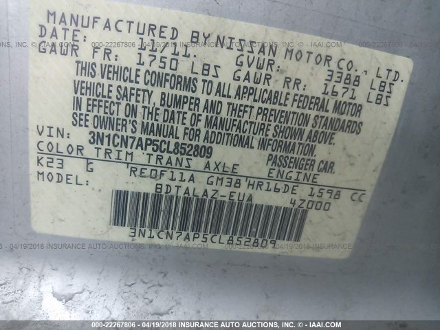 3N1CN7AP5CL852809 - 2012 NISSAN VERSA S/SV/SL SILVER photo 9