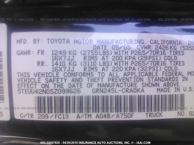 5TEUU42N05Z099626 - 2005 TOYOTA TACOMA ACCESS CAB Қара фото 9