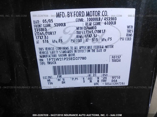 1FTSW21P25ED37780 - 2005 FORD F250 SUPER DUTY GREEN photo 9