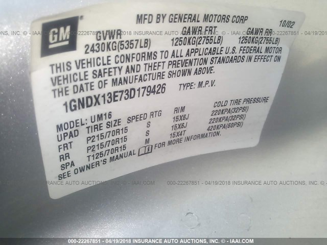 1GNDX13E73D179426 - 2003 CHEVROLET VENTURE LUXURY SILVER photo 9