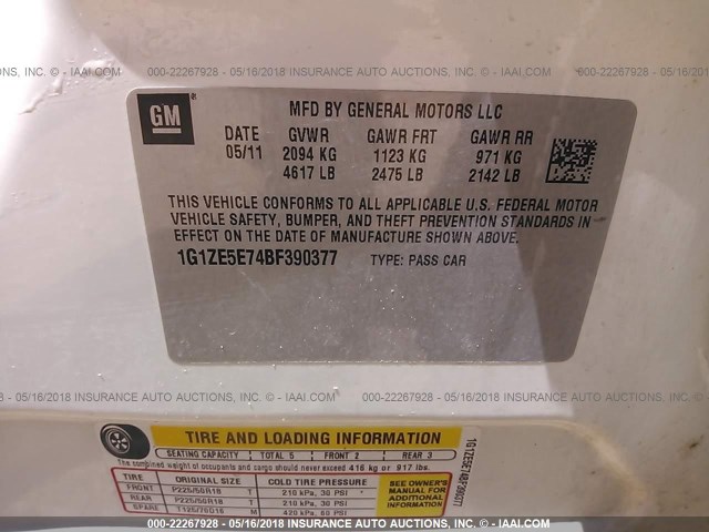 1G1ZE5E74BF390377 - 2011 CHEVROLET MALIBU LTZ WHITE photo 9