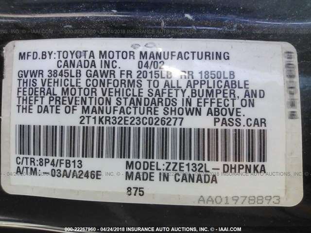 2T1KR32E23C026277 - 2003 TOYOTA COROLLA MATRIX XR BLUE photo 9