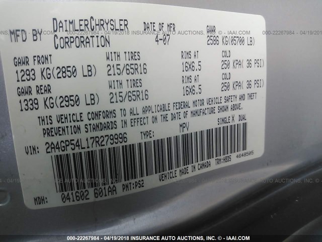 2A4GP54L17R279996 - 2007 CHRYSLER TOWN & COUNTRY TOURING SILVER photo 9