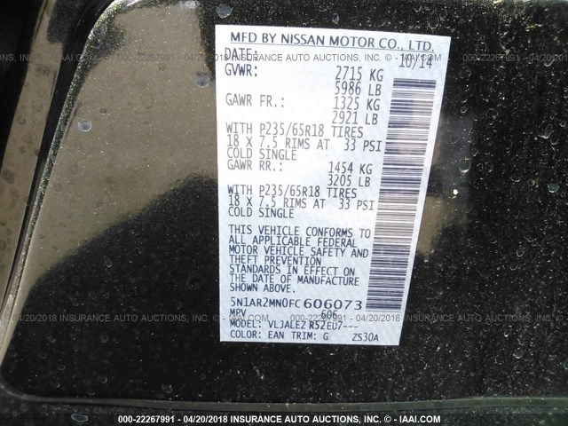 5N1AR2MN0FC606073 - 2015 NISSAN PATHFINDER S/SV/SL/PLATINUM 灰色 照片 9