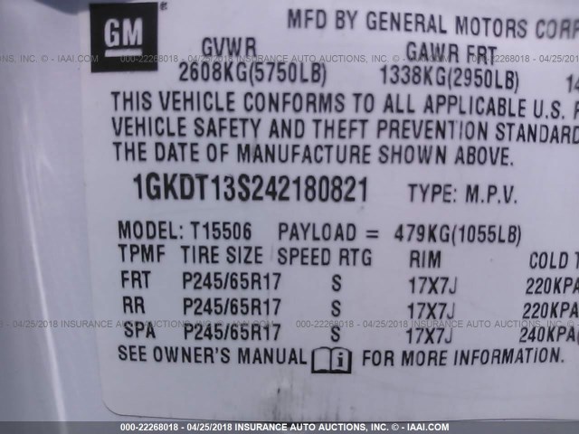 1GKDT13S242180821 - 2004 GMC ENVOY WHITE photo 9