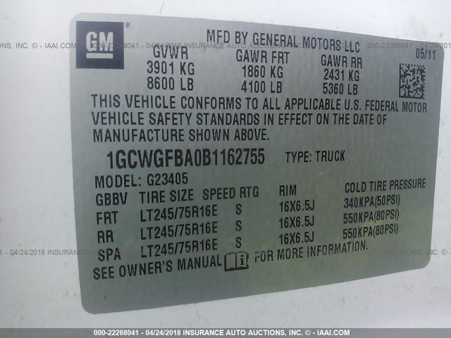 1GCWGFBA0B1162755 - 2011 CHEVROLET EXPRESS G2500  WHITE photo 9