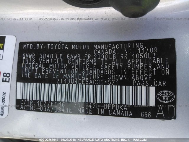 2T1BU4EE5AC304571 - 2010 TOYOTA COROLLA S/LE/XLE GRAY photo 9