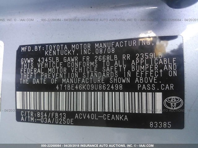 4T1BE46K09U862498 - 2009 TOYOTA CAMRY SE/LE/XLE BLUE photo 9