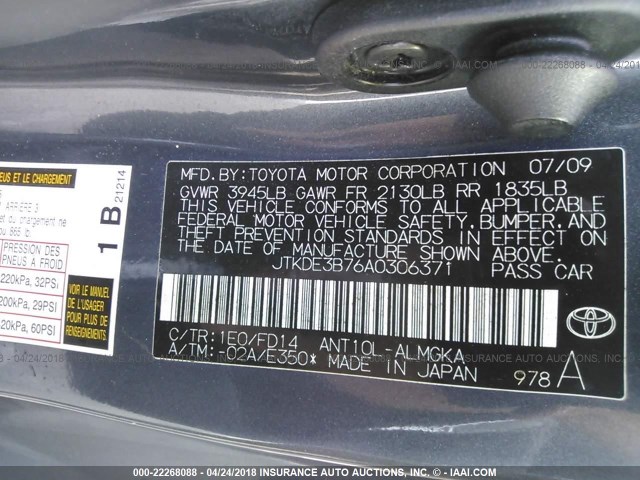 JTKDE3B76A0306371 - 2010 TOYOTA SCION TC 蓝色 照片 9