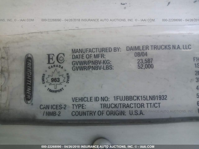 1FUJBBCK15LN91932 - 2005 FREIGHTLINER CONVENTIONAL ST120 უცნობი ფოტო 10