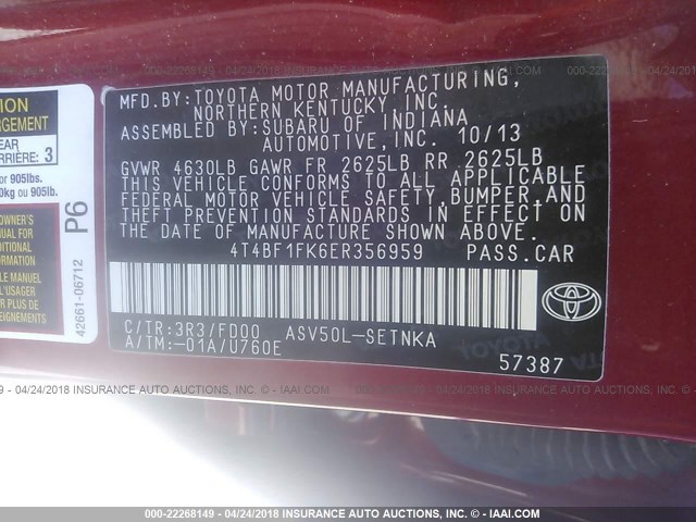 4T4BF1FK6ER356959 - 2014 TOYOTA CAMRY L/SE/LE/XLE RED photo 9