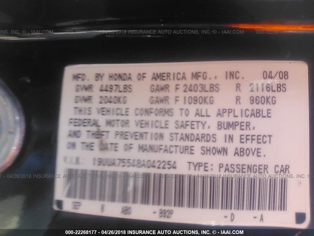 19UUA75548A042254 - 2008 ACURA TL TYPE S BLACK photo 9