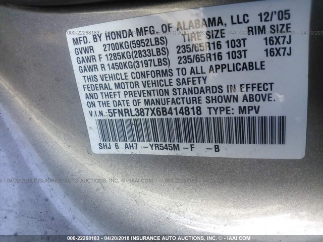 5FNRL387X6B414818 - 2006 HONDA ODYSSEY EXL ოქროსფერი ფოტო 9