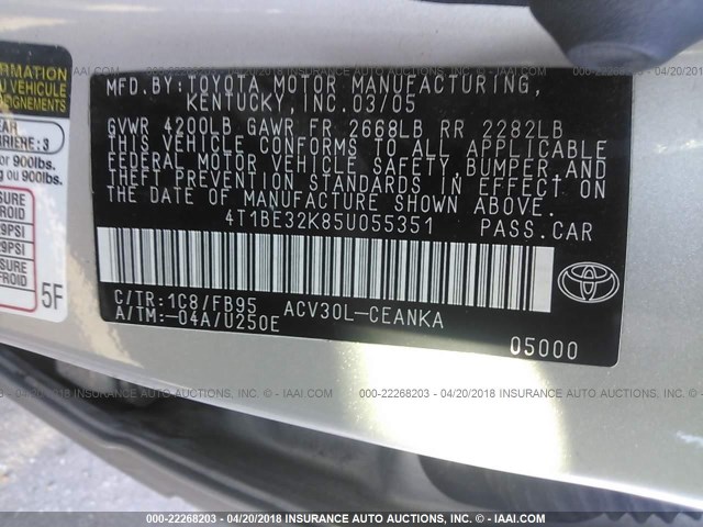 4T1BE32K85U055351 - 2005 TOYOTA CAMRY LE/XLE/SE SILVER photo 9