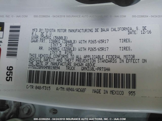 3TMDZ5BNXHM019094 - 2017 TOYOTA TACOMA DBL CAB/SR5/TRD SPORT/OR WHITE photo 9