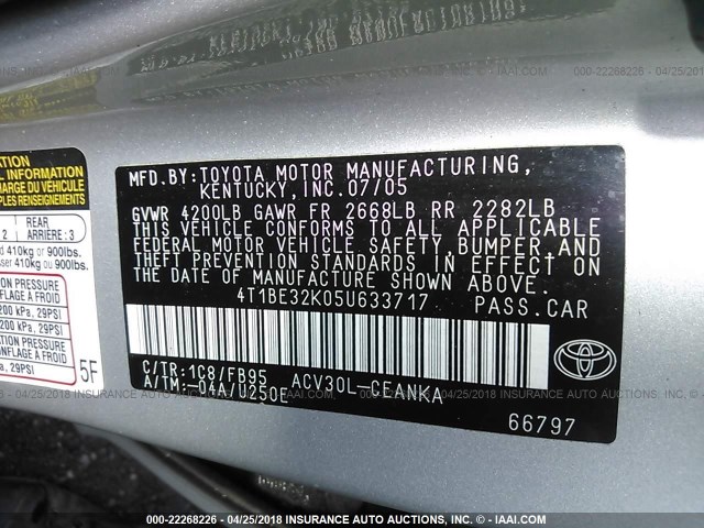 4T1BE32K05U633717 - 2005 TOYOTA CAMRY LE/XLE/SE ვერცხლისფერი ფოტო 9