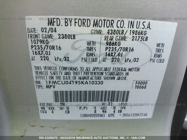 1FMCU04195KA10330 - 2005 FORD ESCAPE LIMITED SILVER photo 9