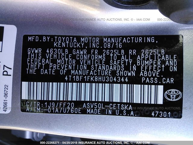 4T1BF1FK8HU304344 - 2017 TOYOTA CAMRY LE/XLE/SE/XSE SILVER photo 9