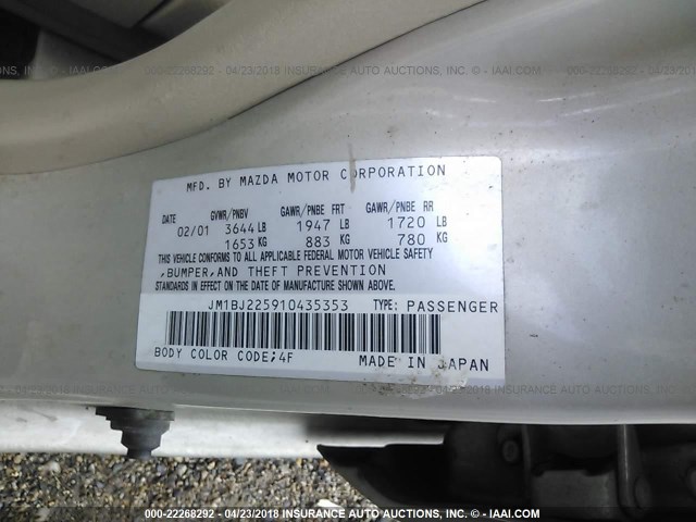 JM1BJ225910435353 - 2001 MAZDA PROTEGE LX/ES 金色 照片 9