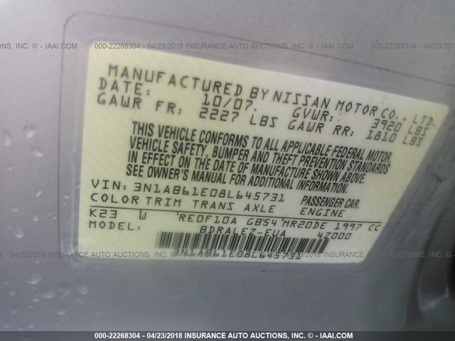 3N1AB61E08L645731 - 2008 NISSAN SENTRA 2.0/2.0S/2.0SL SILVER photo 9