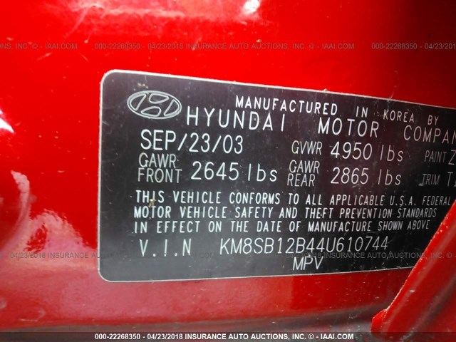 KM8SB12B44U610744 - 2004 HYUNDAI SANTA FE GL RED photo 9