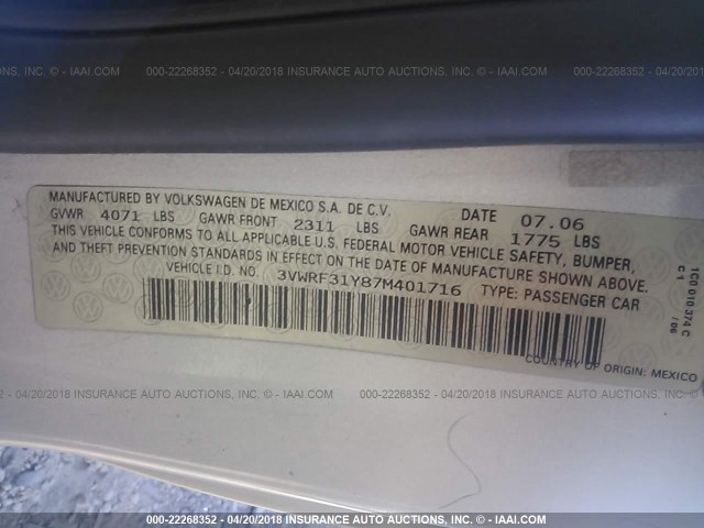 3VWRF31Y87M401716 - 2007 VOLKSWAGEN NEW BEETLE CONVERTIBLE OPTION PKG 1 ვერცხლისფერი ფოტო 9