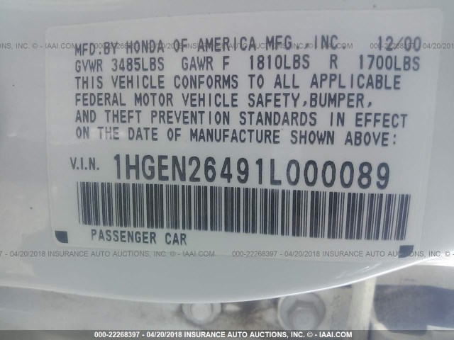 1HGEN26491L000089 - 2001 HONDA CIVIC GX WHITE photo 9