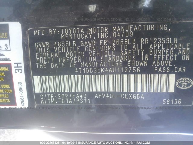 4T1BB3EK4AU112756 - 2010 TOYOTA CAMRY HYBRID BLACK photo 9