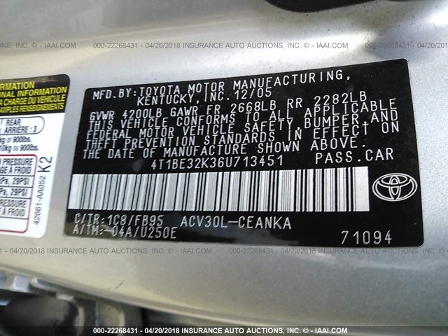 4T1BE32K36U713451 - 2006 TOYOTA CAMRY LE/XLE/SE SILVER photo 9