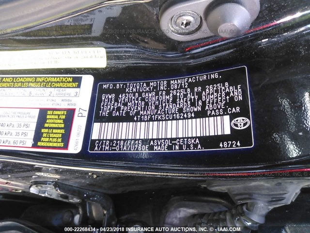 4T1BF1FK5CU162494 - 2012 TOYOTA CAMRY SE/LE/XLE 黑色 照片 9