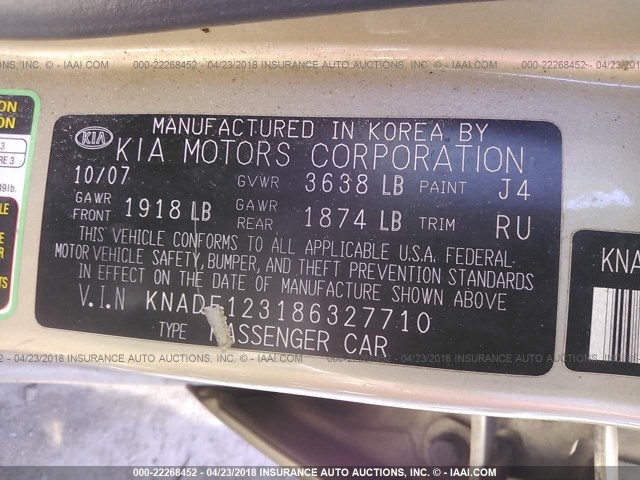 KNADE123186327710 - 2008 KIA RIO LX/SX GOLD photo 9