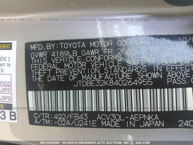 JTDBE32K840264955 - 2004 TOYOTA CAMRY LE/XLE GOLD photo 9