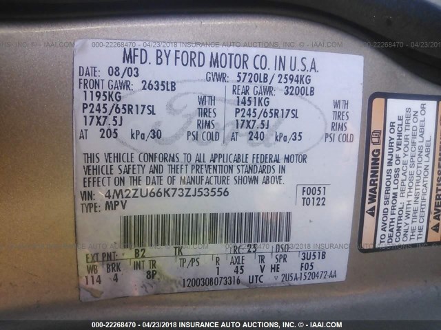 4M2ZU66K73ZJ53556 - 2003 MERCURY MOUNTAINEER  GOLD photo 9