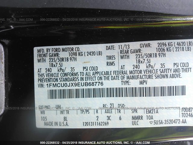 1FMCU0JX9EUB68776 - 2014 FORD ESCAPE TITANIUM BLACK photo 9