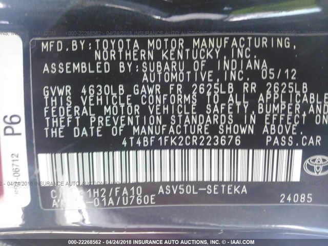 4T4BF1FK2CR223676 - 2012 TOYOTA CAMRY SE/LE/XLE Dark Blue photo 9