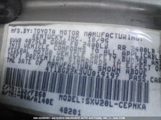 4T1BG22K3VU019197 - 1997 TOYOTA CAMRY CE/LE/XLE 灰色 照片 9