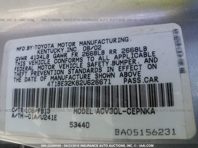 4T1BE32K62U626671 - 2002 TOYOTA CAMRY LE/XLE/SE ვერცხლისფერი ფოტო 9